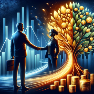 Image of a man and woman shaking hands with a golden money tree producing fruit and in the background bar and line charts